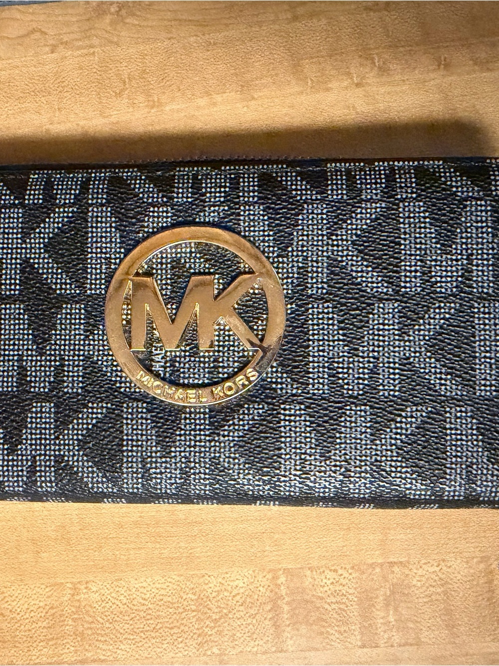 Michael Kors Black and Gray Monogram Continental Wallet with Gold MK Emblem